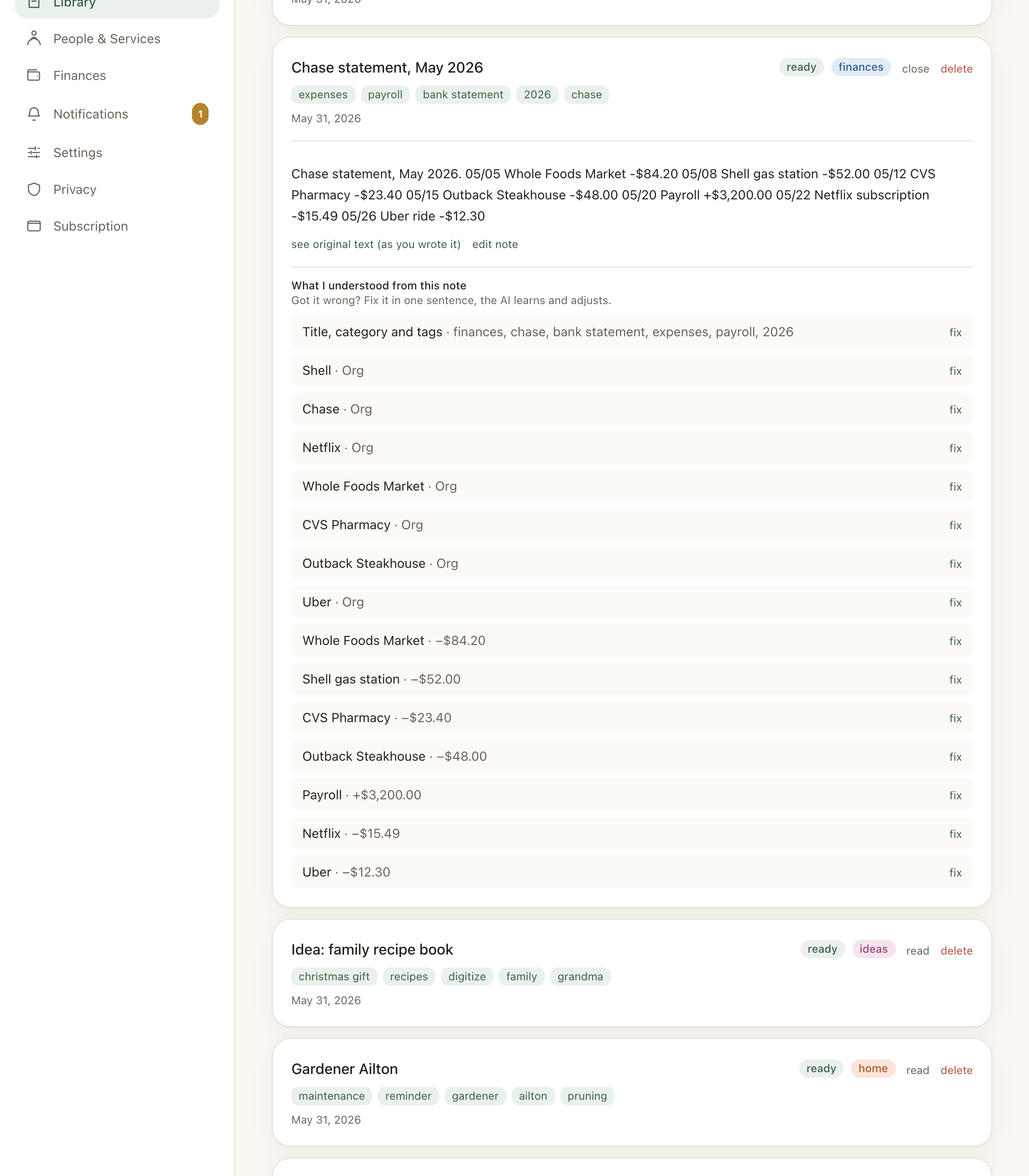 Transactions extracted from a bank statement