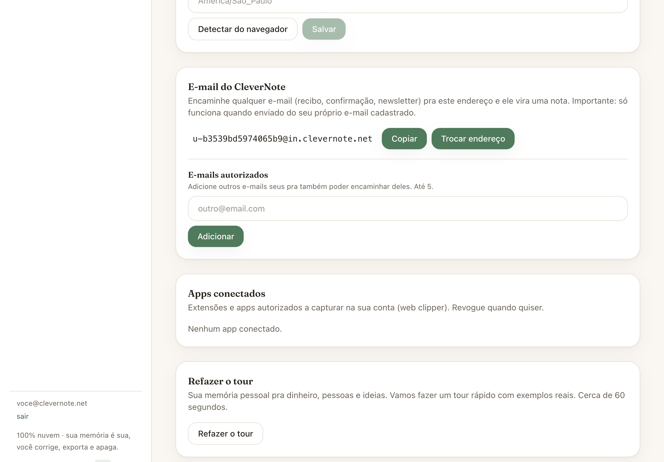 Endereço de e-mail pessoal do CleverNote nas Configurações