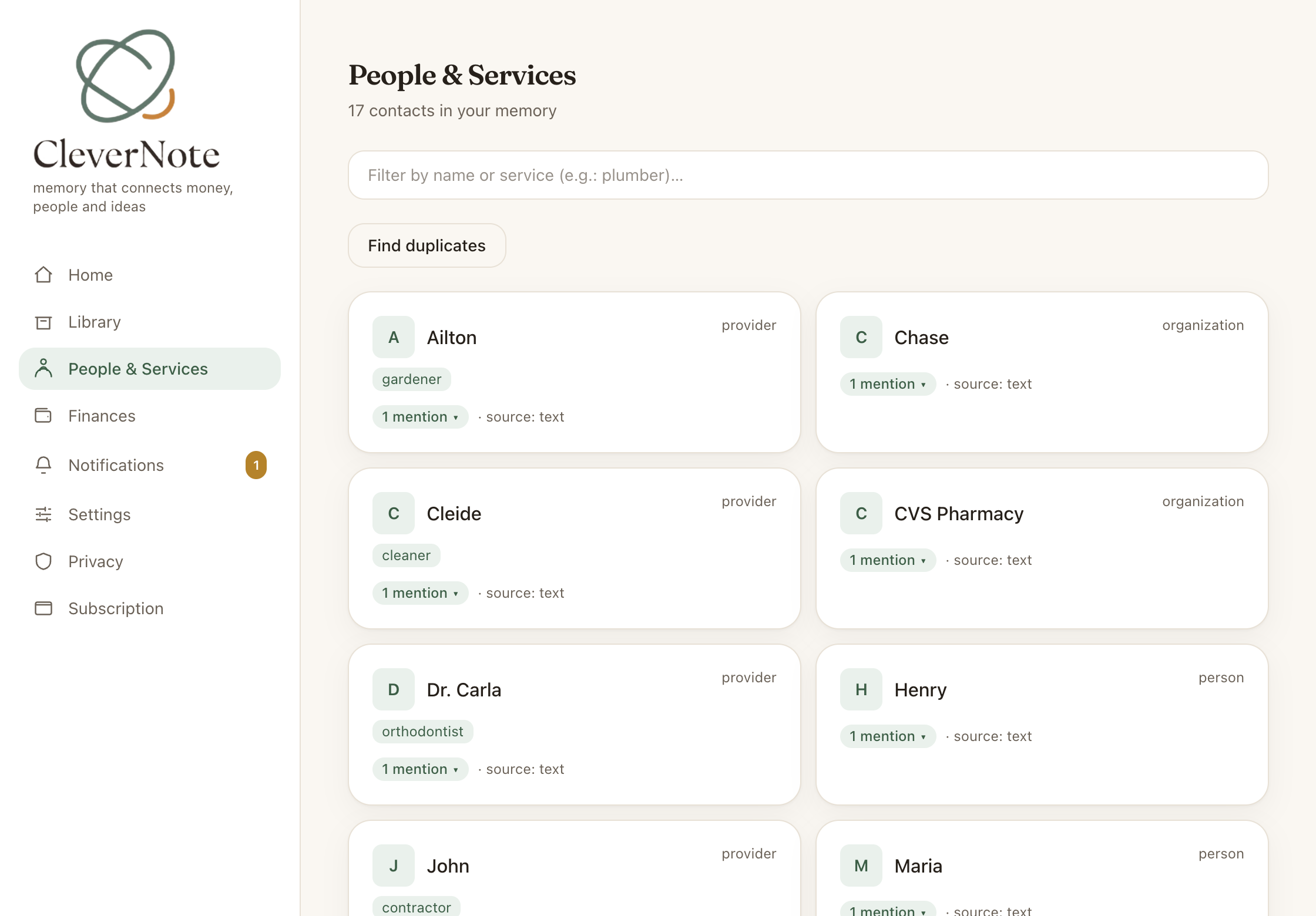 People and Services screen with contacts extracted from notes