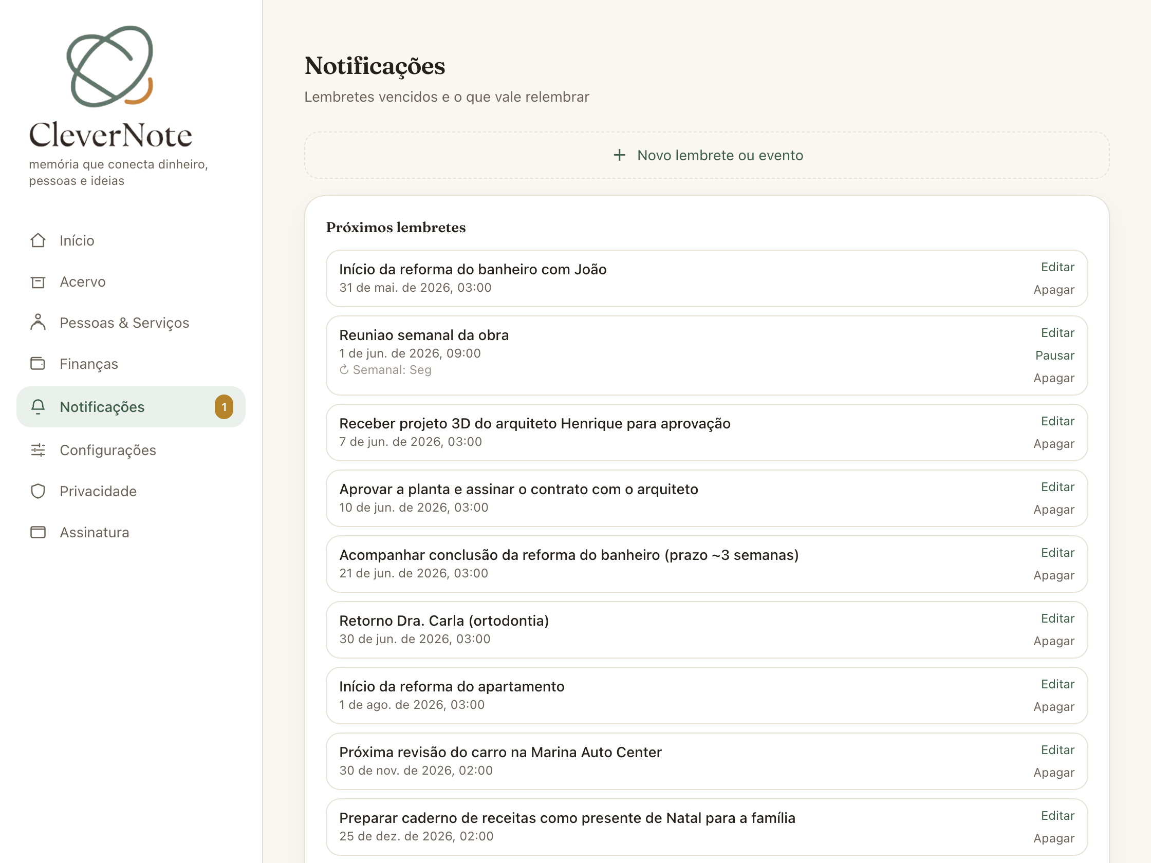 Lembretes e eventos reunidos na tela de Notificações