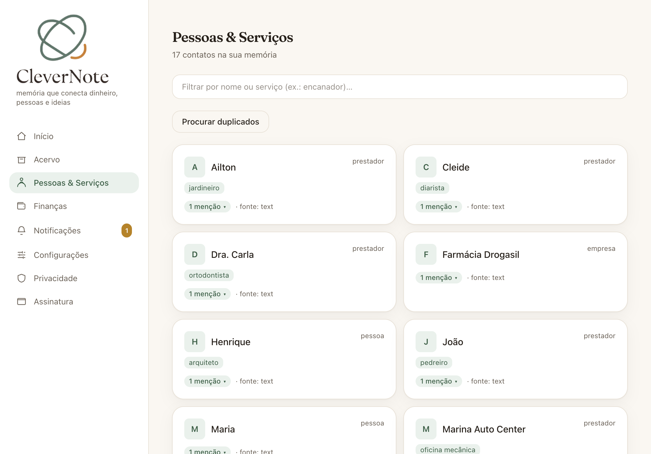 Tela Pessoas e Serviços com contatos extraídos das notas