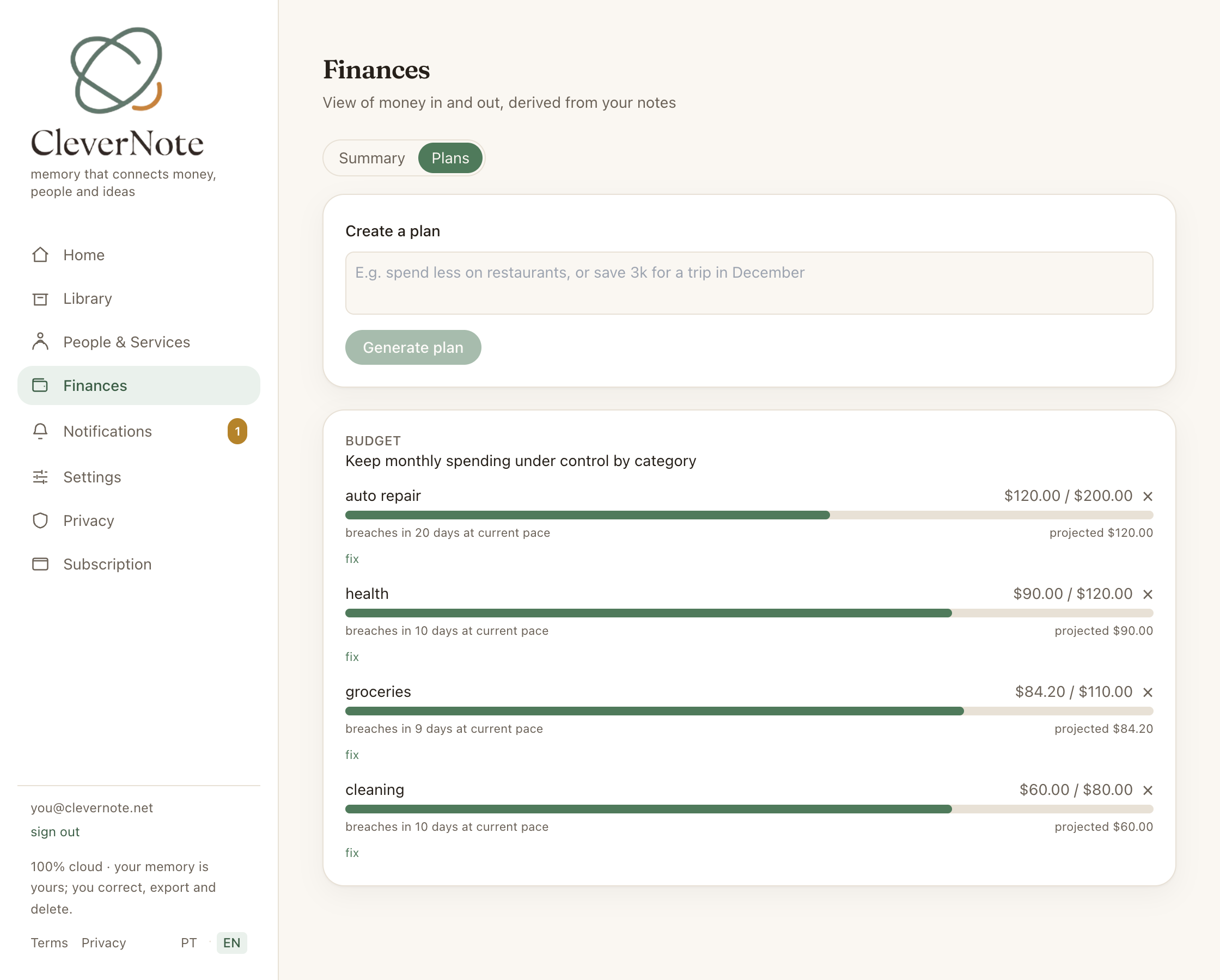Plans screen with per-category budget and projection