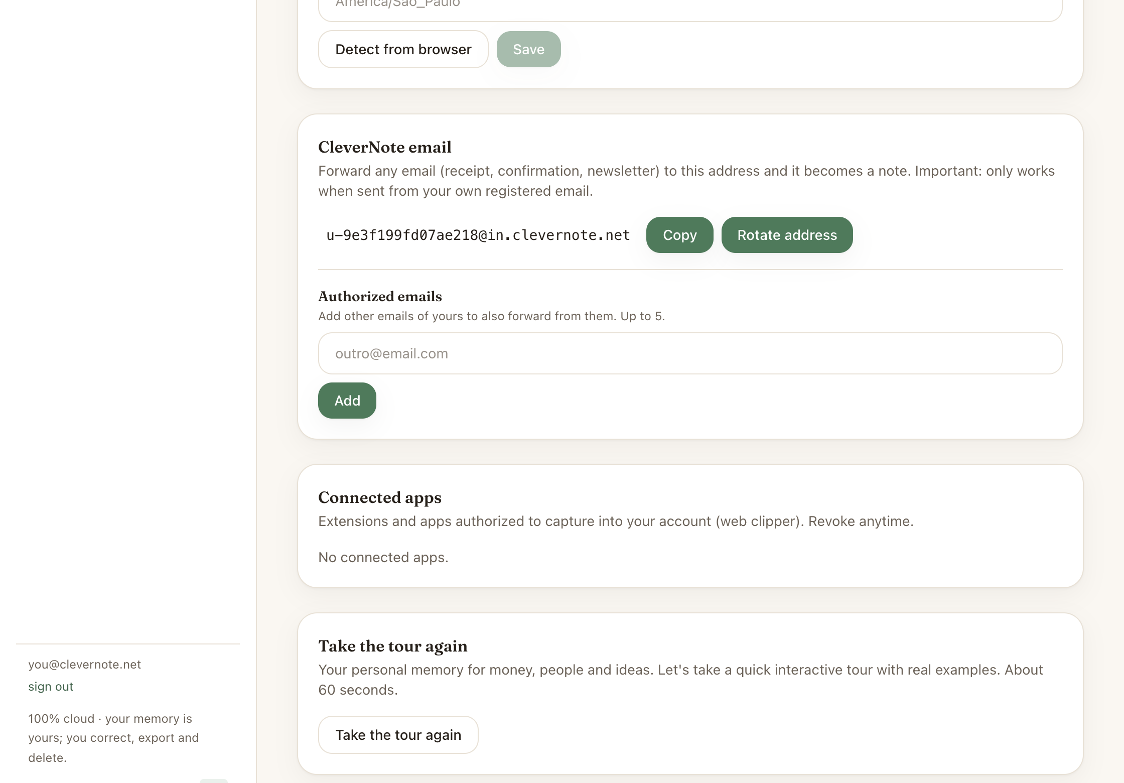 CleverNote personal email address in Settings