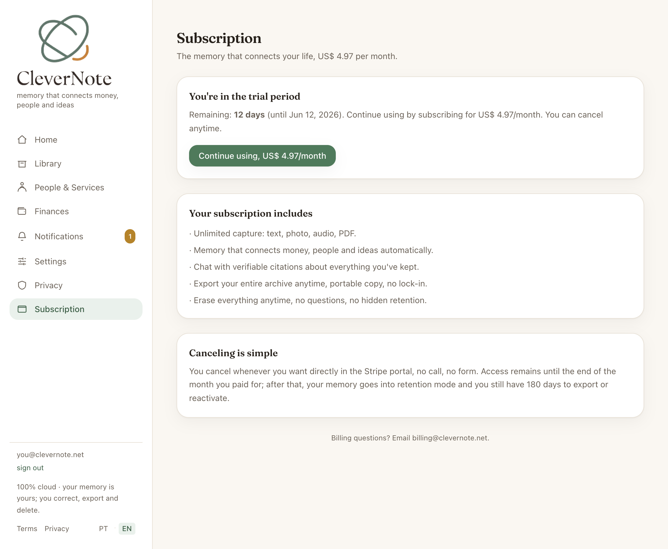Subscription screen with pricing and what the plan includes
