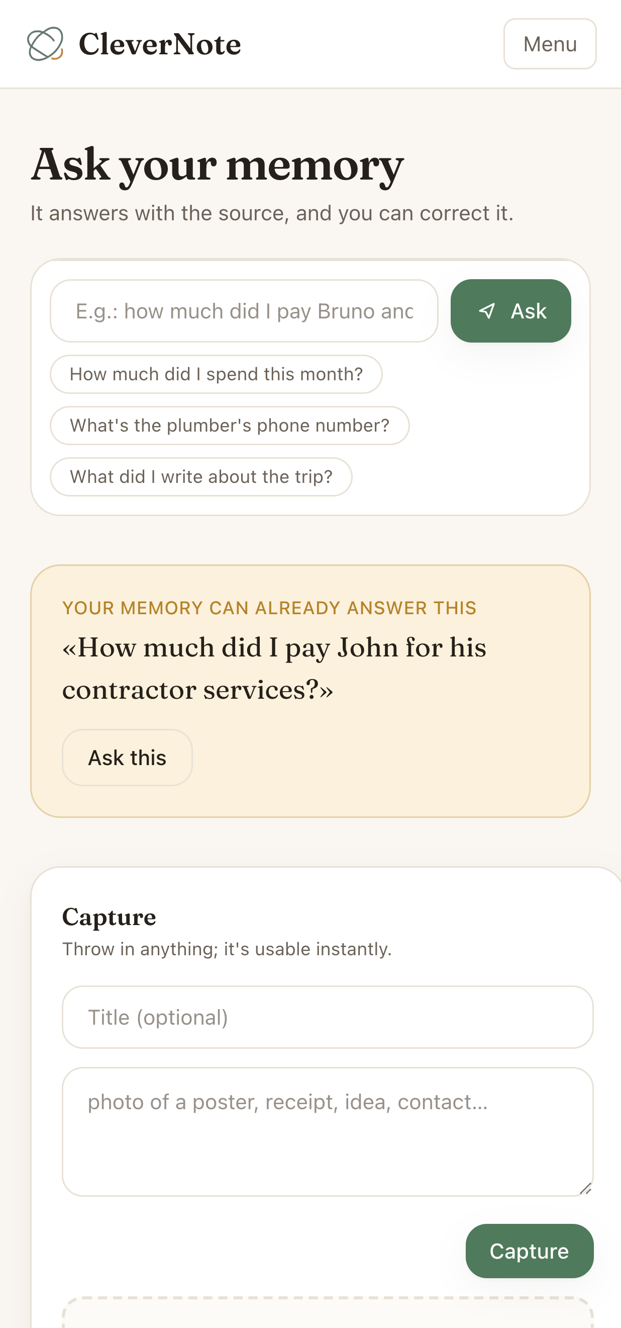 CleverNote at phone width: capture and ask