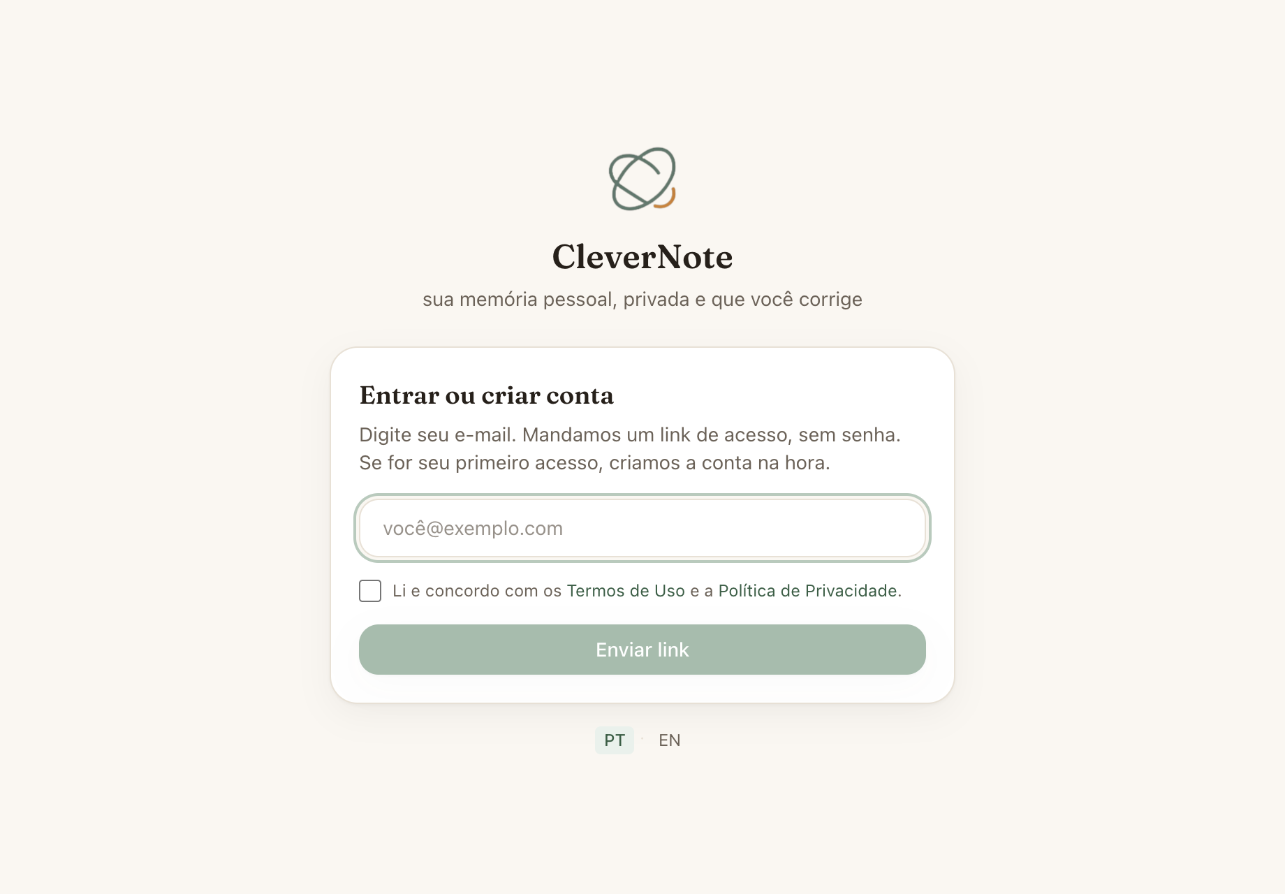 Tela de acesso do CleverNote: campo de e-mail e botão Enviar link, sem senha