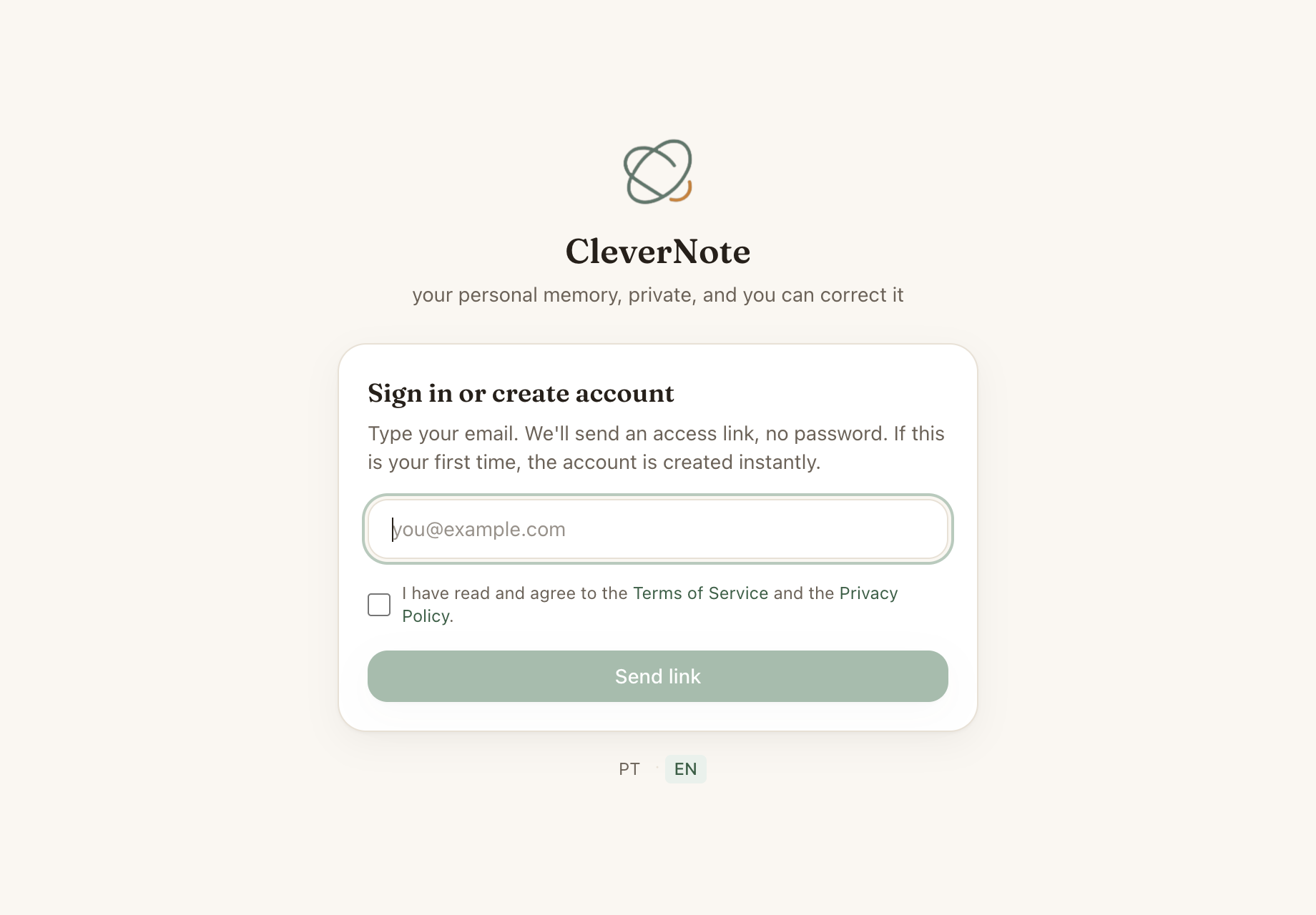 CleverNote sign-in screen: email field and Send link button, no password
