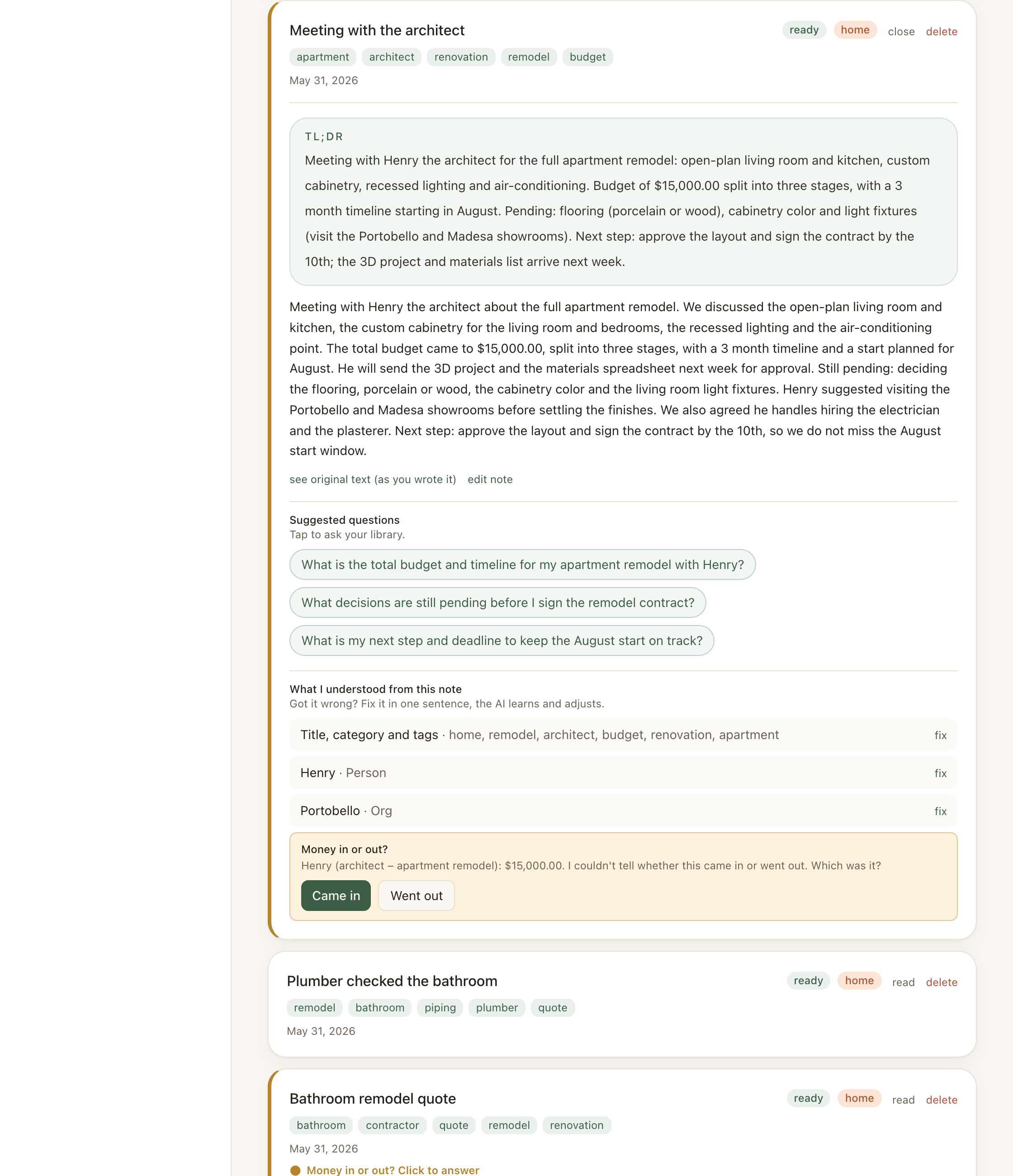 TL;DR and suggested questions atop a long note