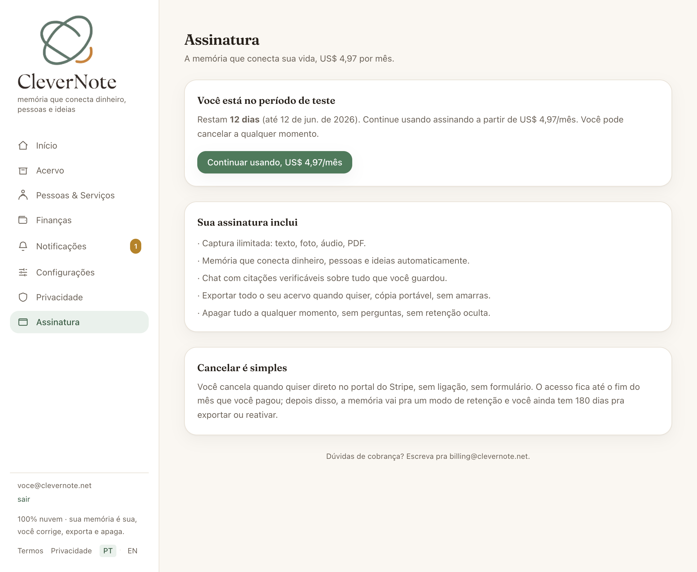 Tela de Assinatura com preço e o que o plano inclui