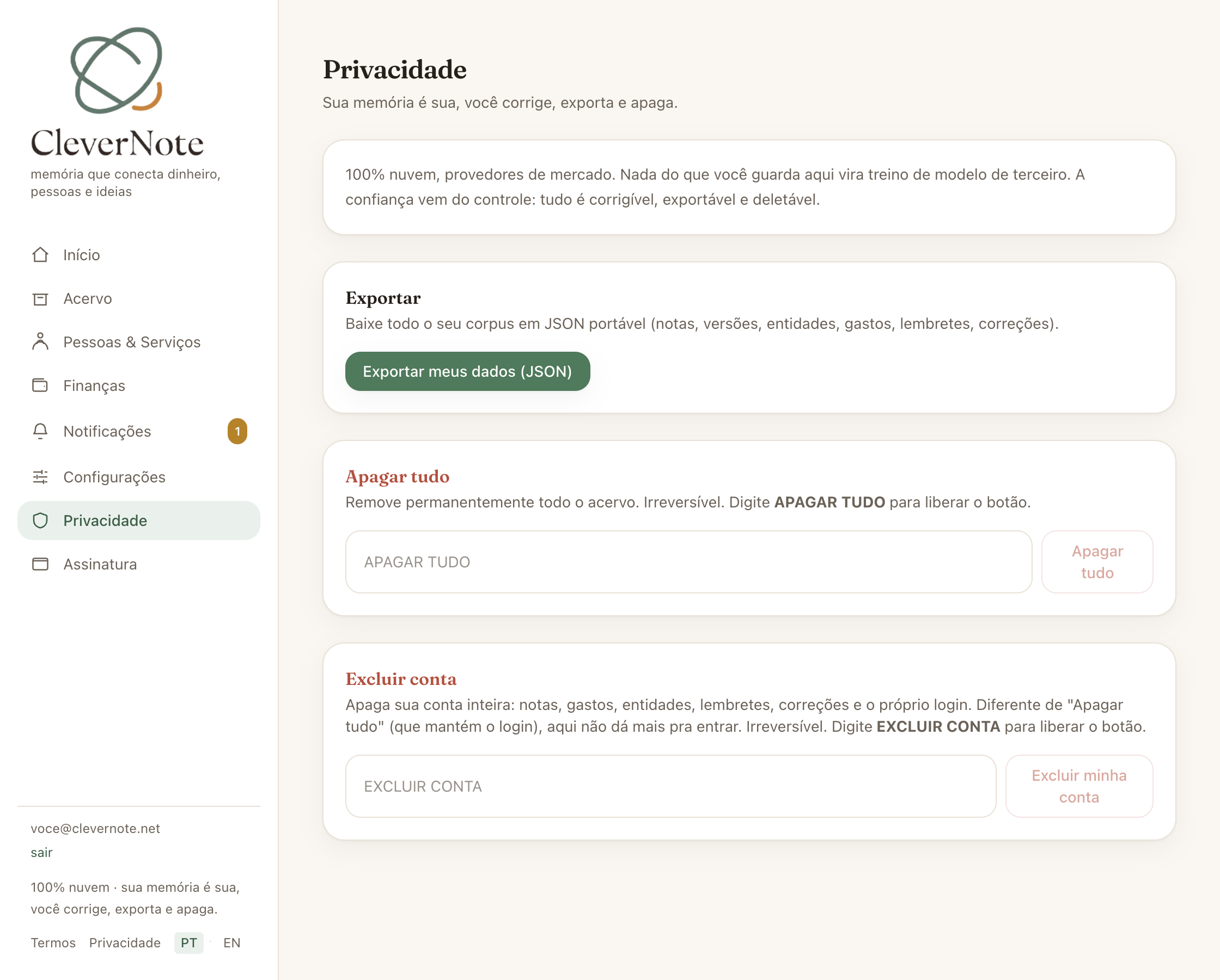 Tela de Privacidade com exportar, apagar tudo e excluir conta