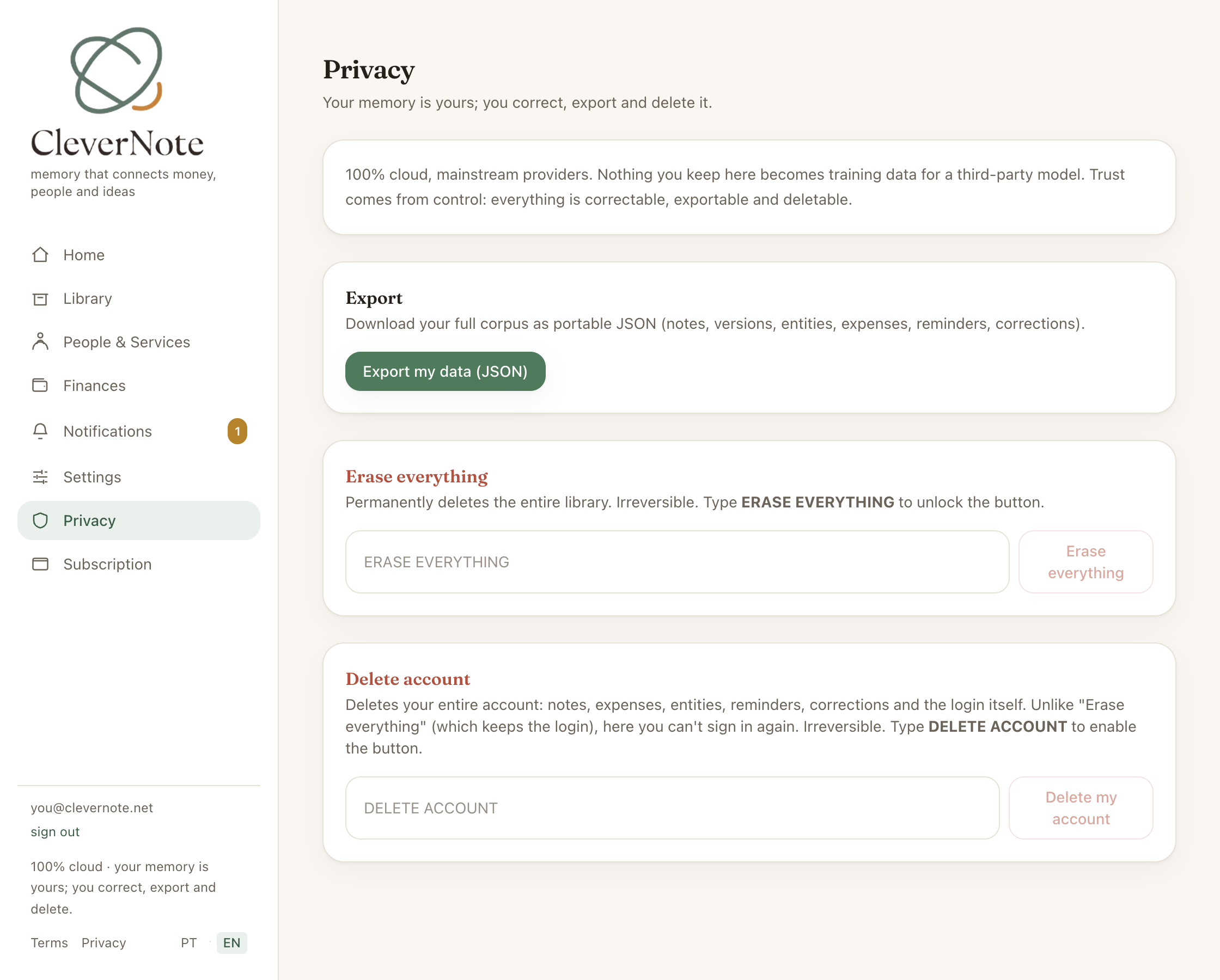 Privacy screen with export, erase all and delete account