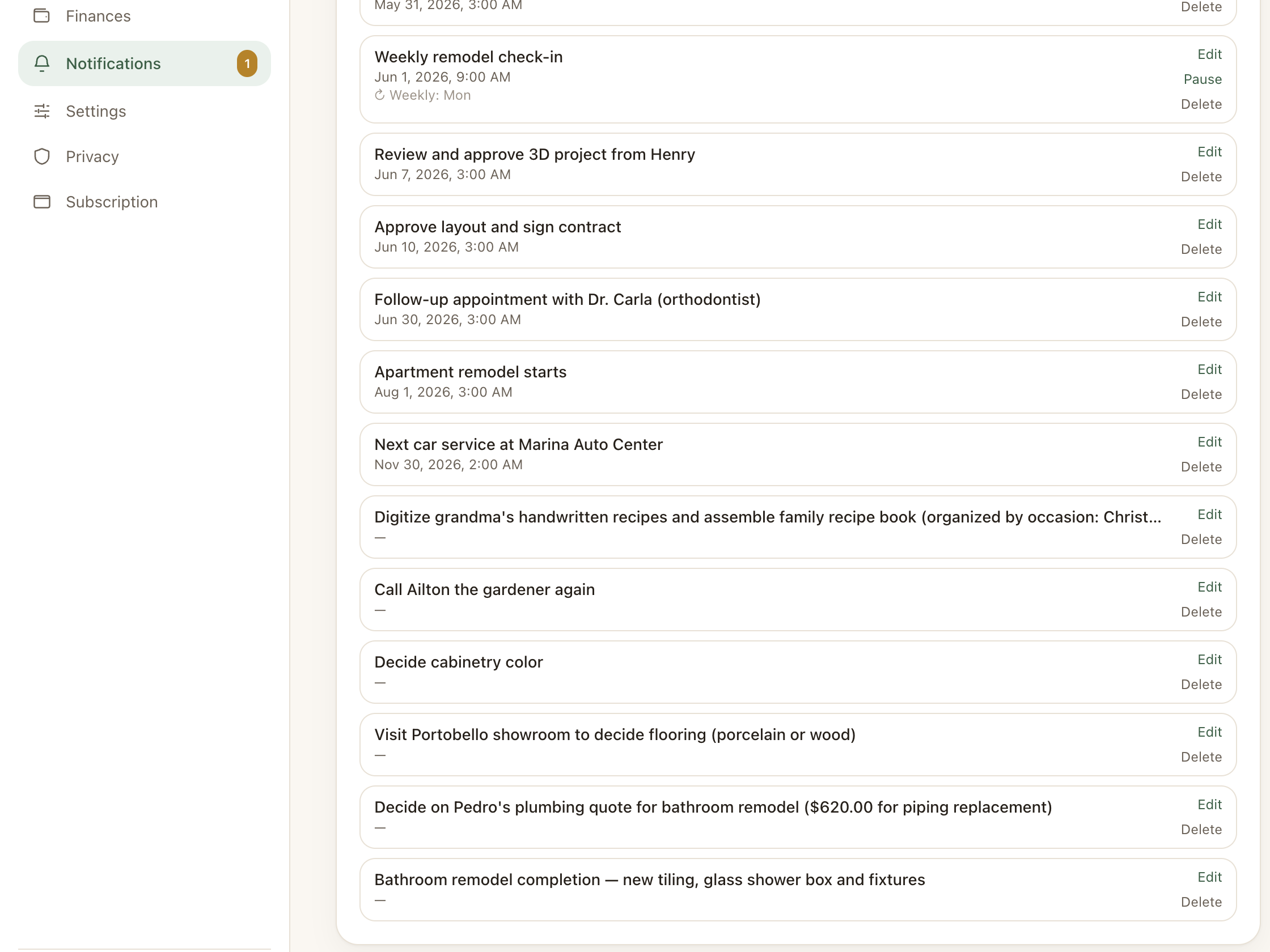 Reminders and events gathered in the Notifications screen