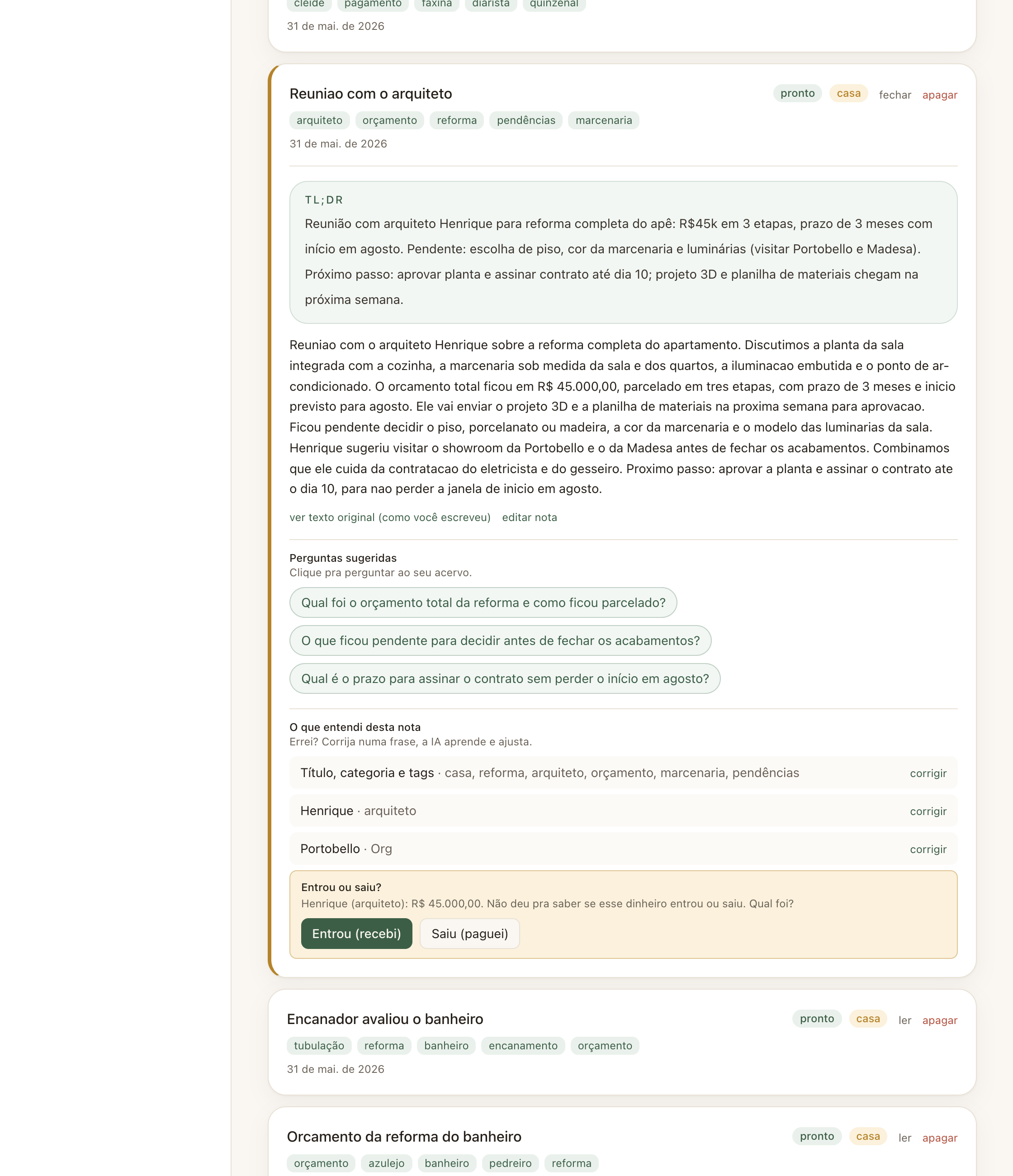 TL;DR e perguntas sugeridas no topo de uma nota longa