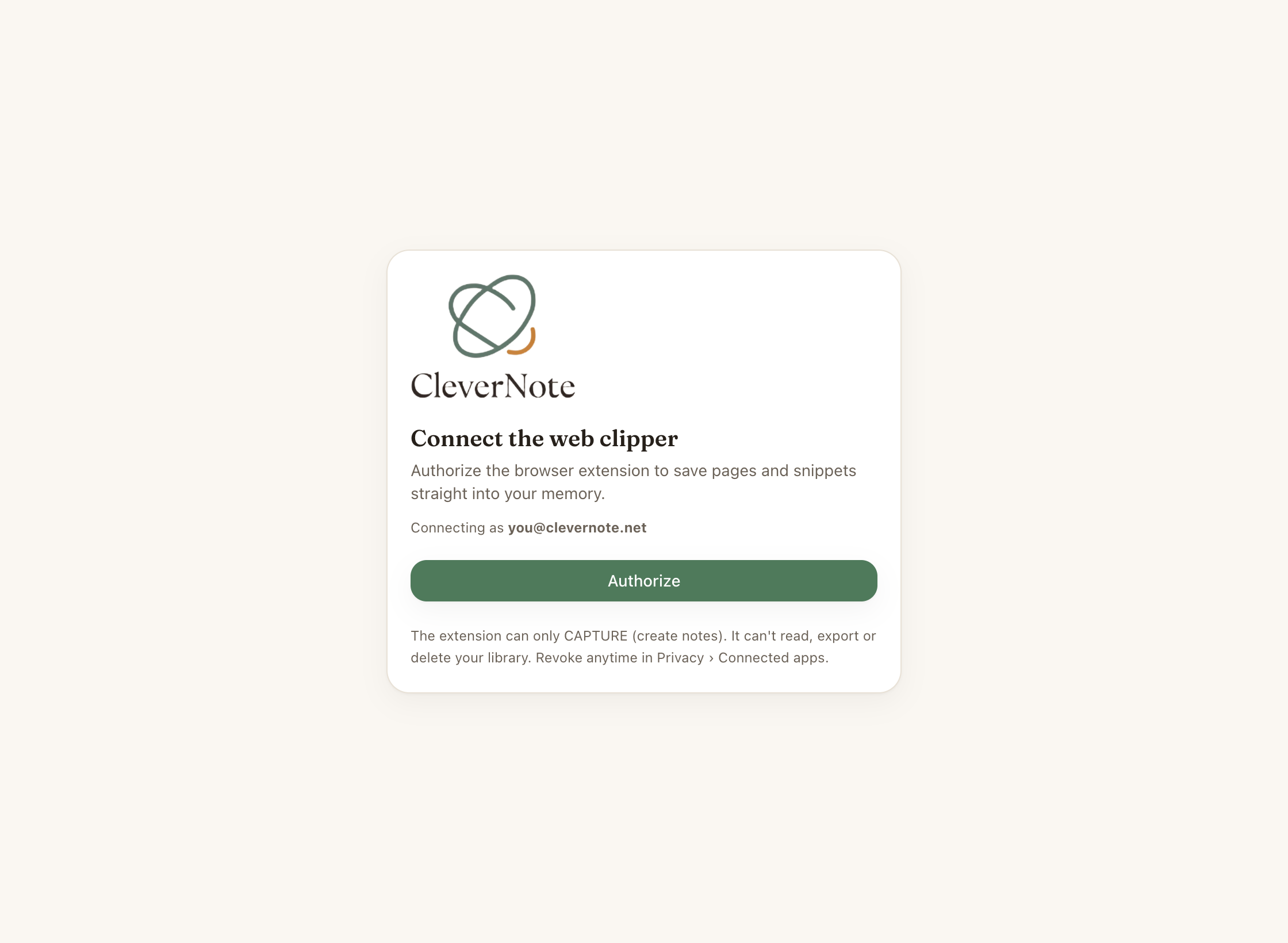 CleverNote web clipper authorization screen