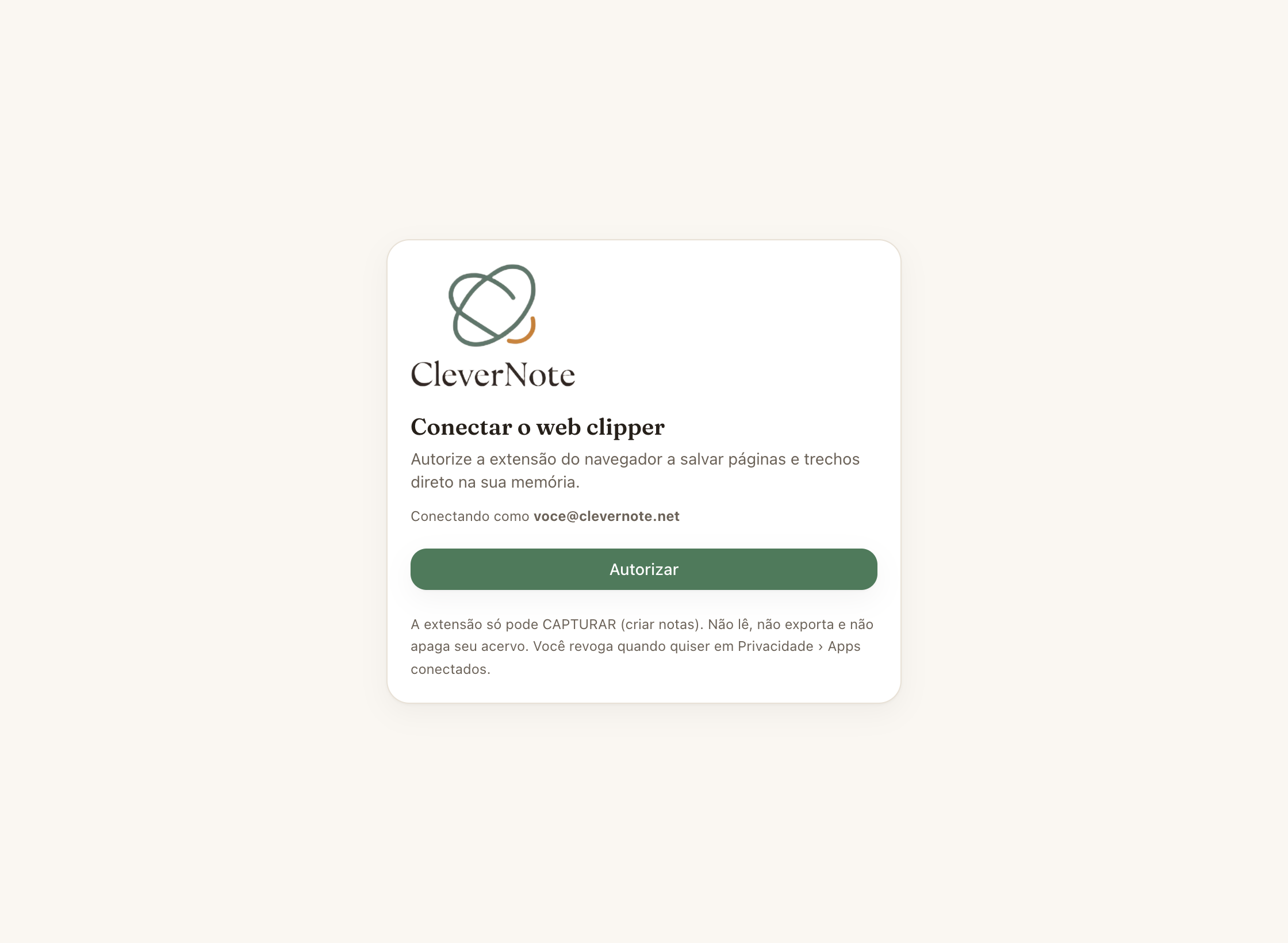 Tela de autorização do web clipper do CleverNote