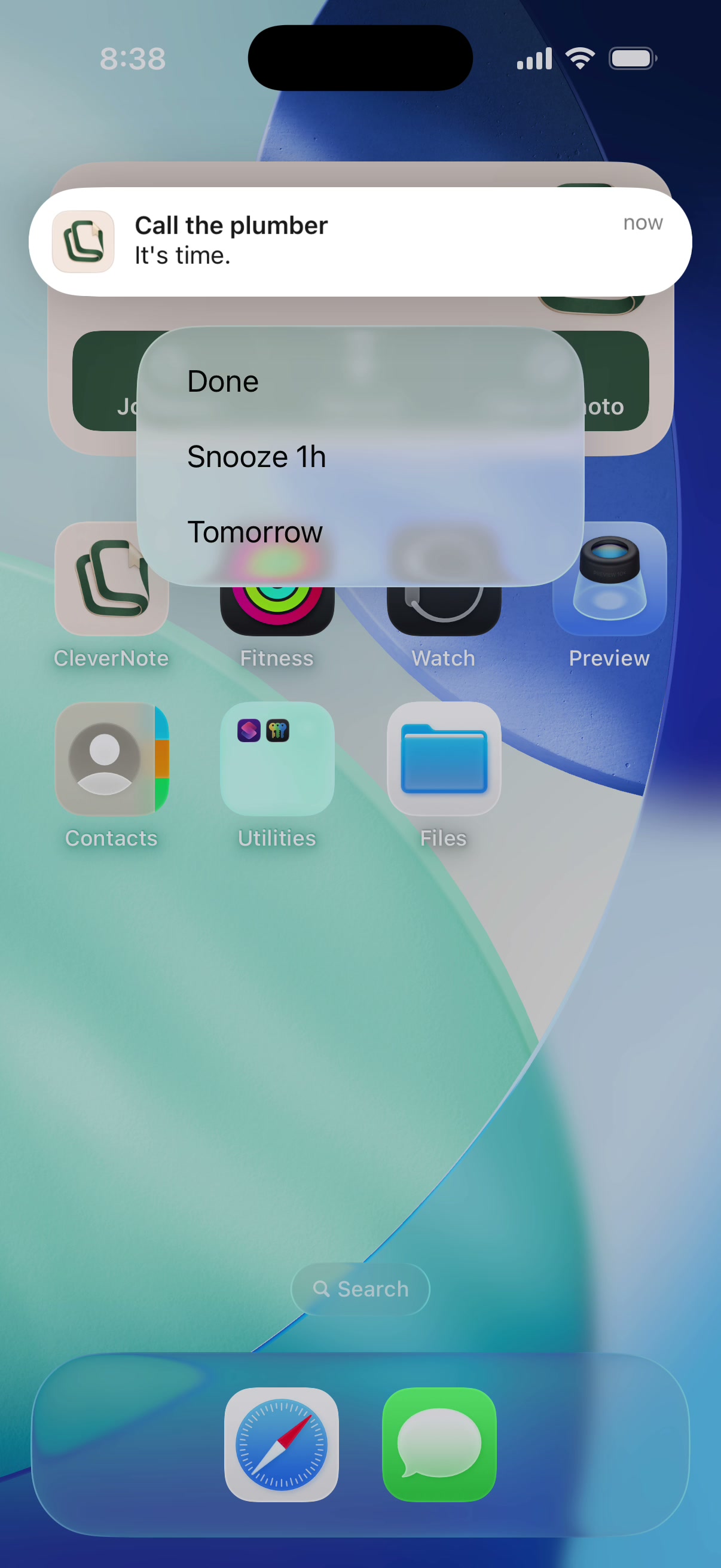 CleverNote Notes reminder to call the plumber, with Done, Snooze 1h and Tomorrow actions