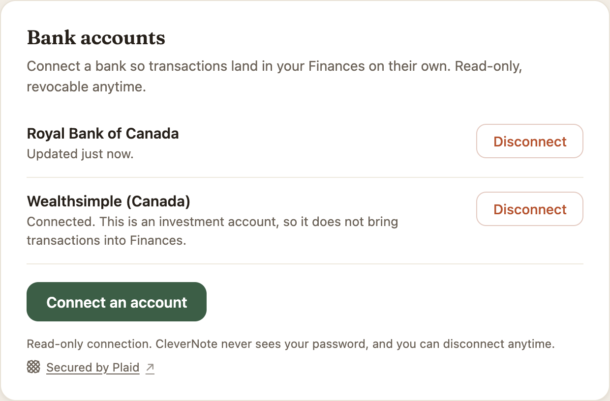 CleverNote Bank accounts card: connect a US or Canada bank, read-only via Plaid