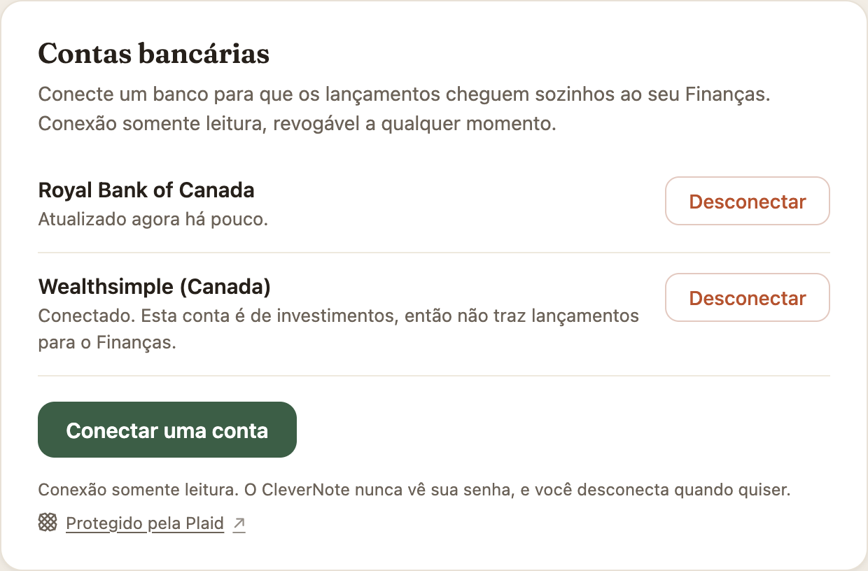 Card Contas bancárias do CleverNote: conectar banco dos EUA e Canadá, somente leitura via Plaid