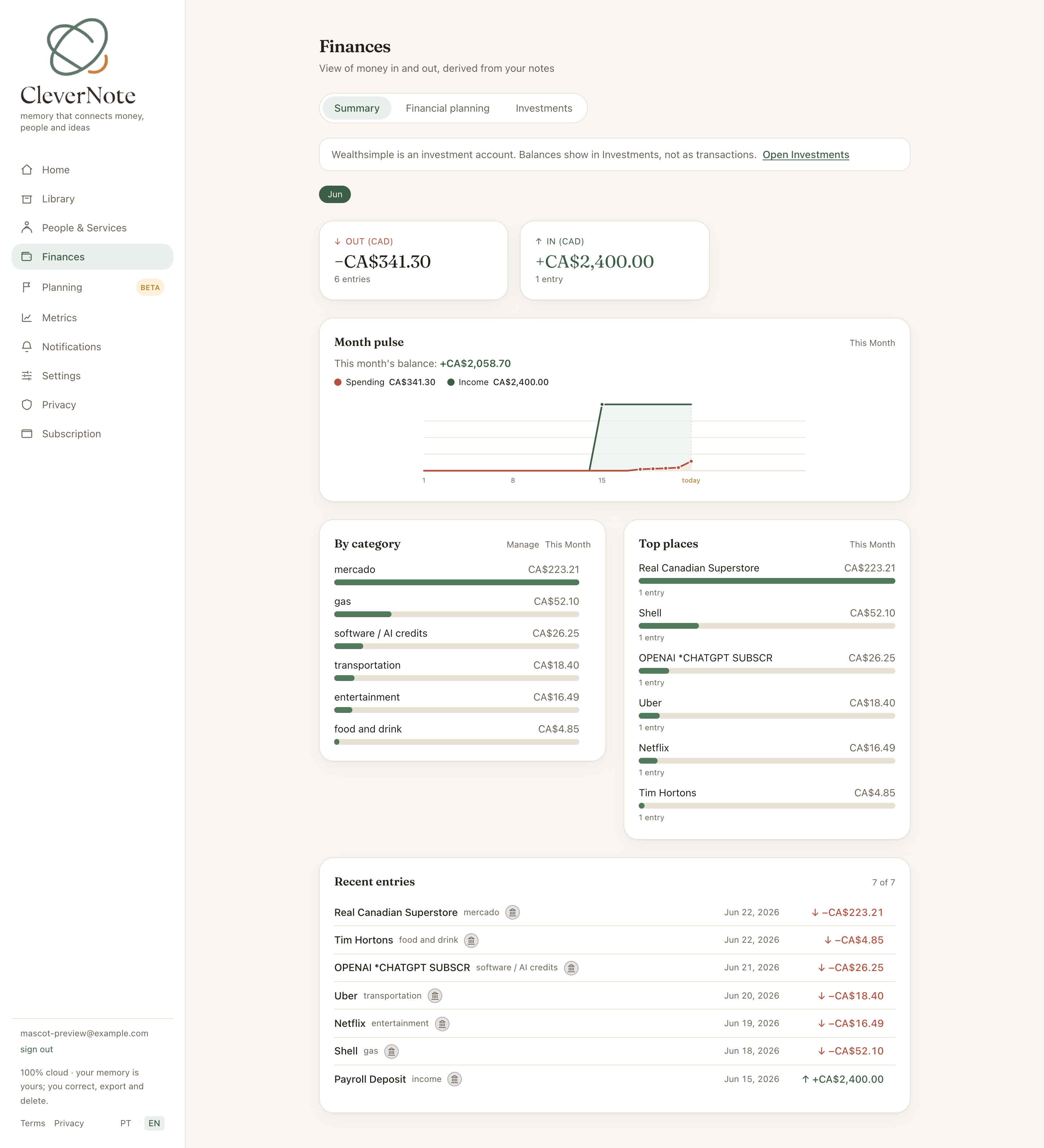 CleverNote Finances Summary: money in and out from bank transactions and notes, monthly pulse, spending by category and top places, with tabs for planning and investments