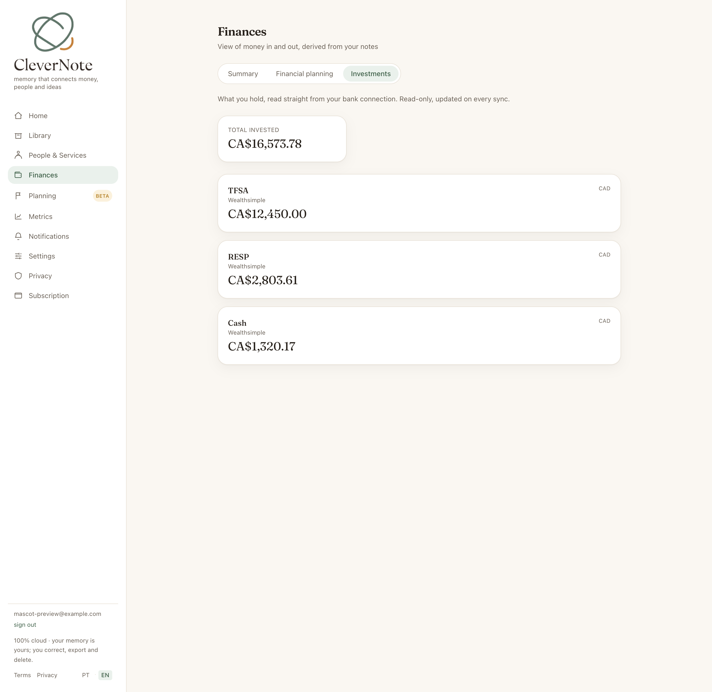 CleverNote Finances Investments tab: total invested and each account (TFSA, RESP, cash) read straight from the bank connection, read-only, updated on every sync