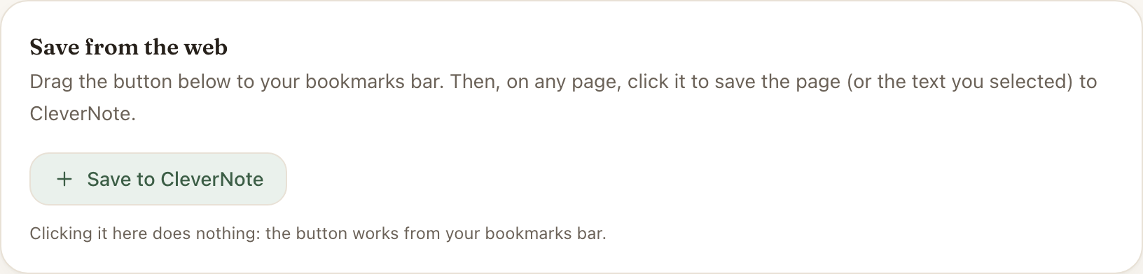 The Save from the web block in CleverNote Settings, with the Save to CleverNote button ready to drag onto the bookmarks bar