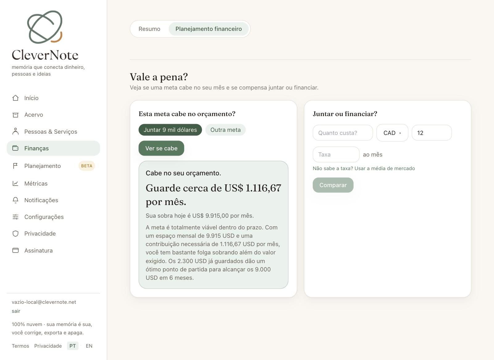 Veredito Cabe no seu orçamento, com o valor mensal em destaque e a explicação em texto