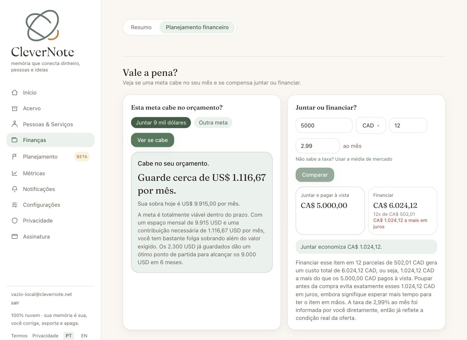 Painel Vale a pena? com o veredito Cabe no seu orçamento e a comparação entre juntar e financiar