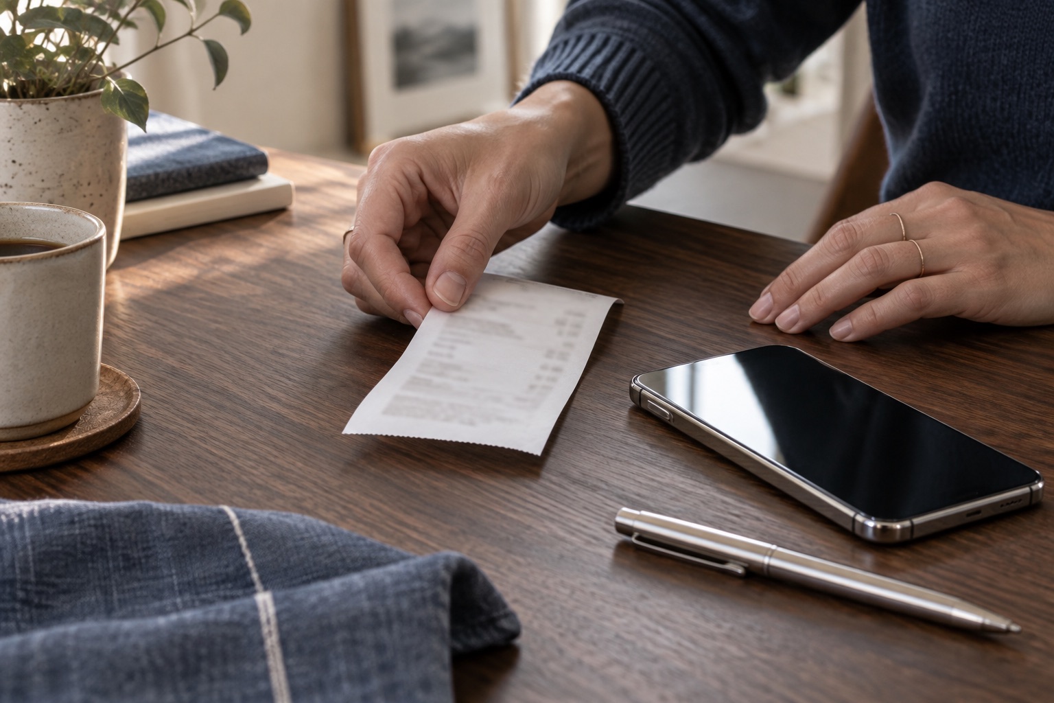 A desk with a printed receipt, a mug, and a notebook in natural light