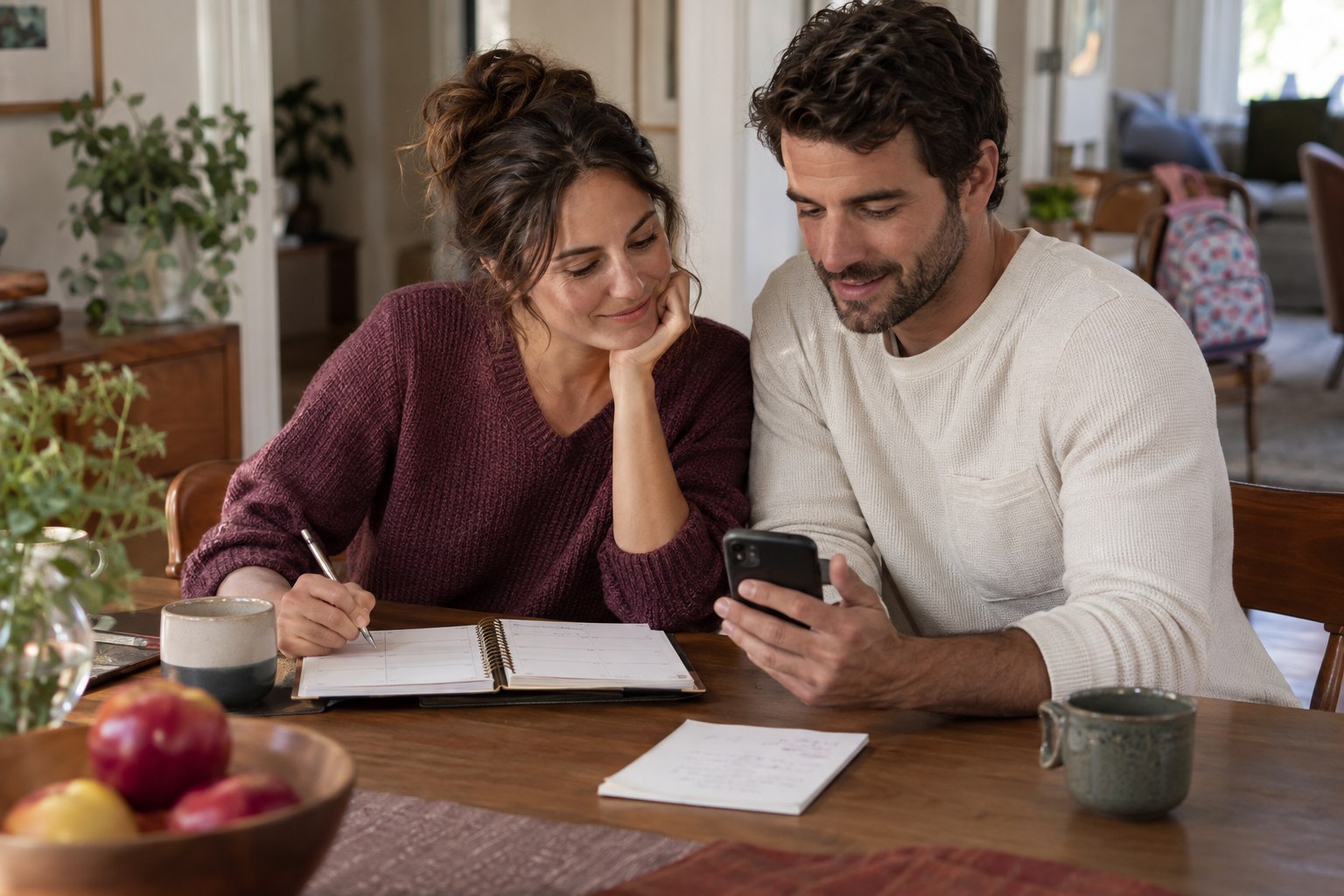 A couple organizing their week at a table, with a notebook and a phone, in natural light