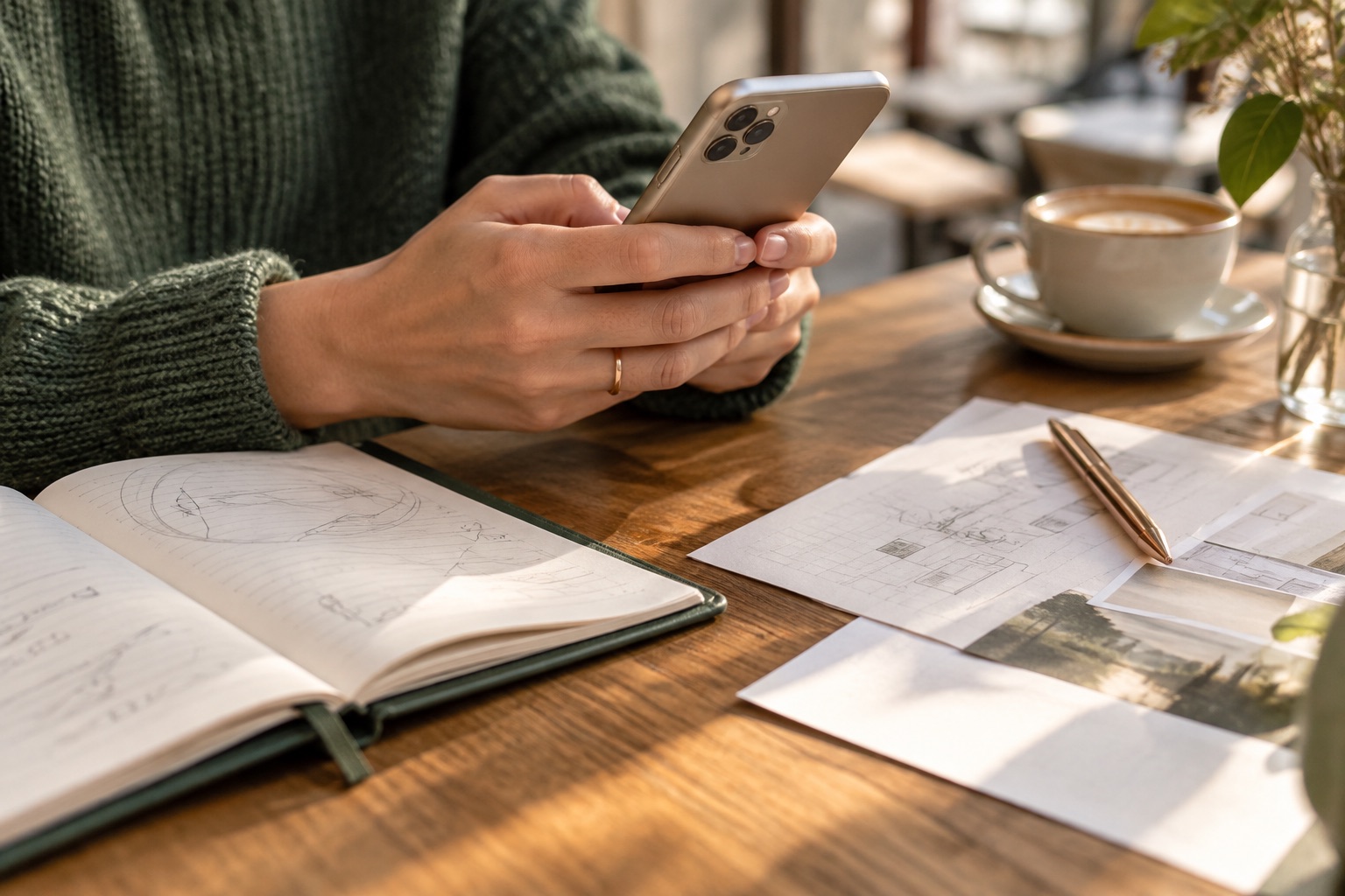 Mesa com um caderno aberto, um celular e papéis de trabalho em luz natural