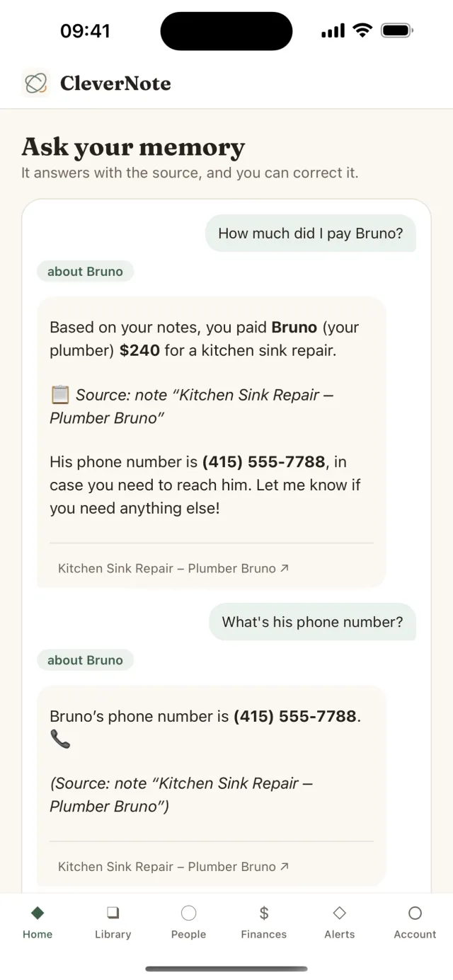 A conversation in CleverNote: a question about Bruno, an answer citing the sink-repair note, and a suggested next question