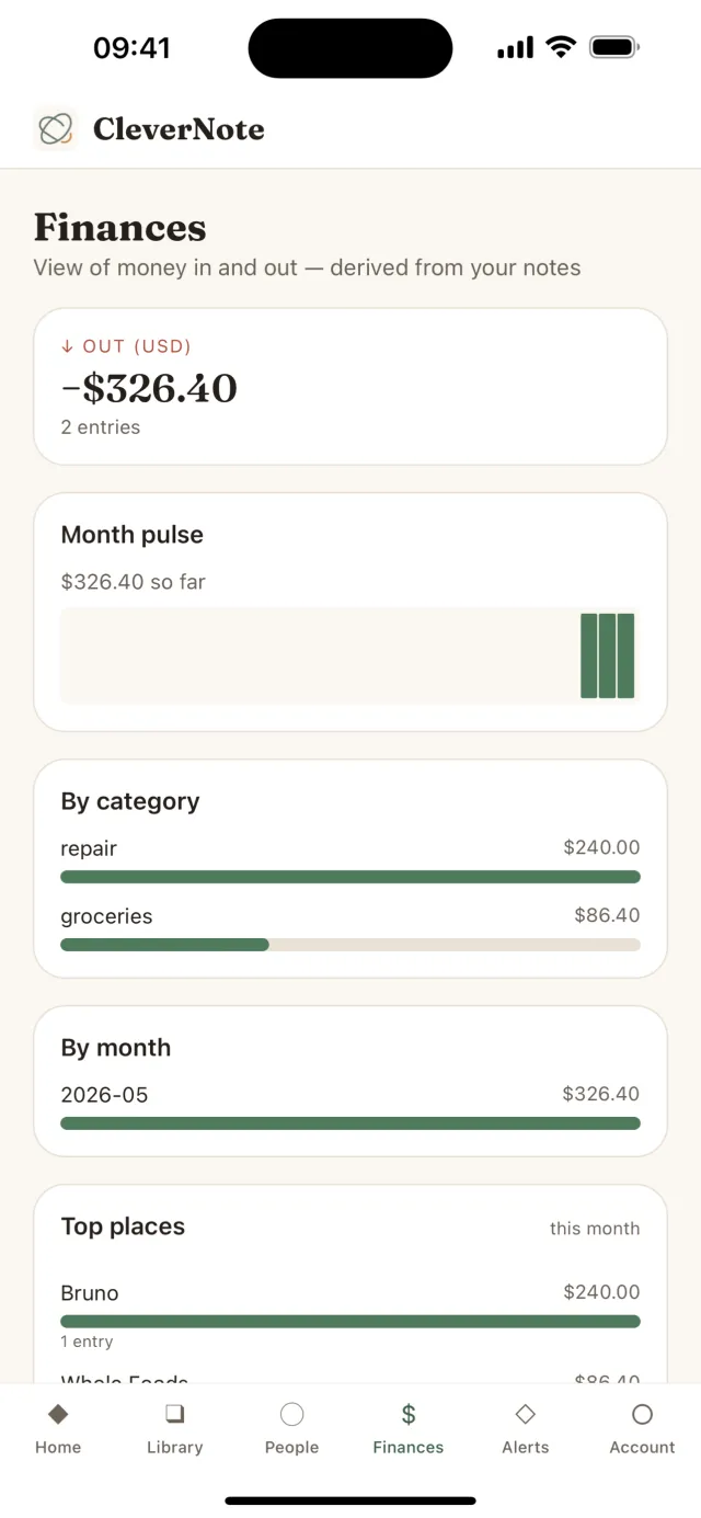 Finances screen: income and outflow derived from your notes