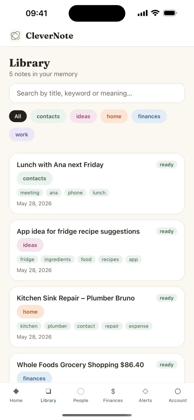 Library screen: search by meaning and notes with tags