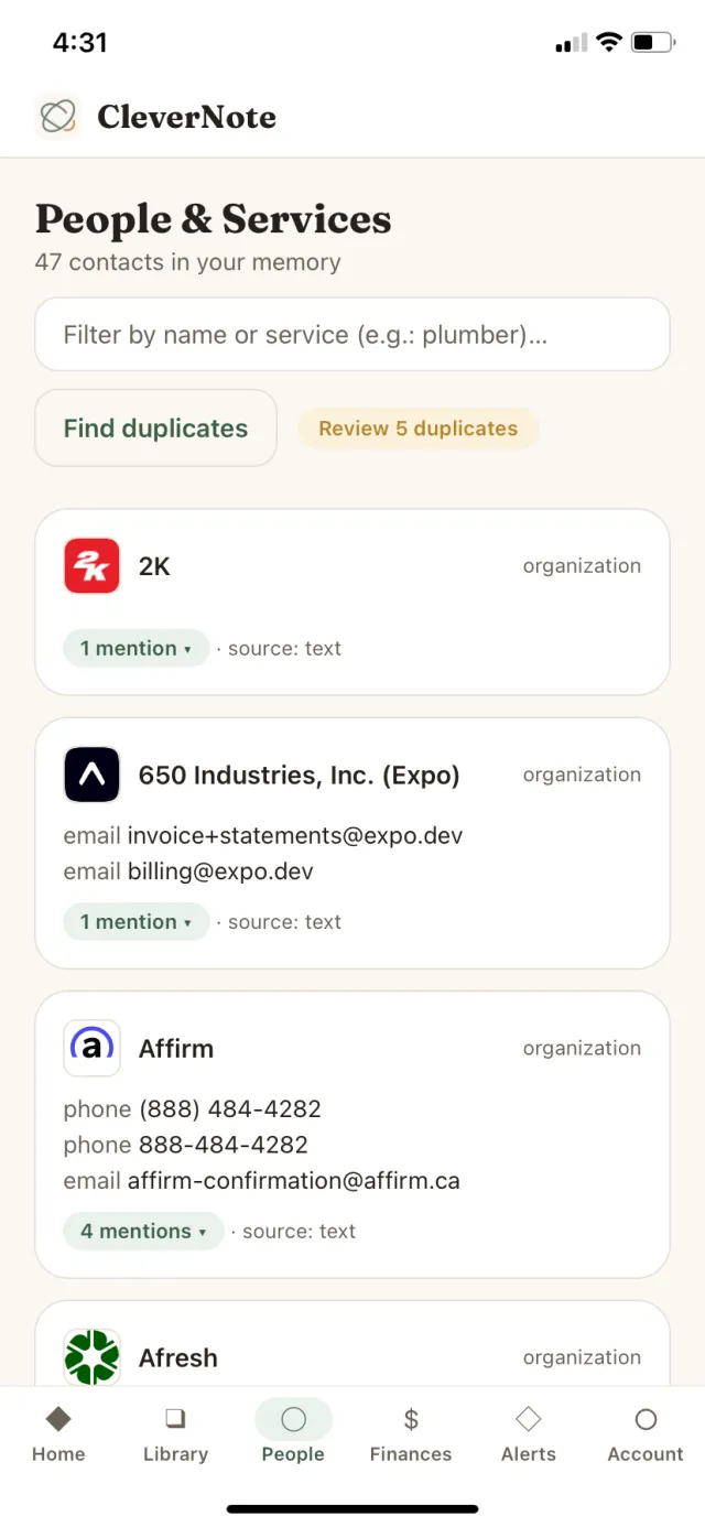 People screen: contacts and providers extracted from your notes