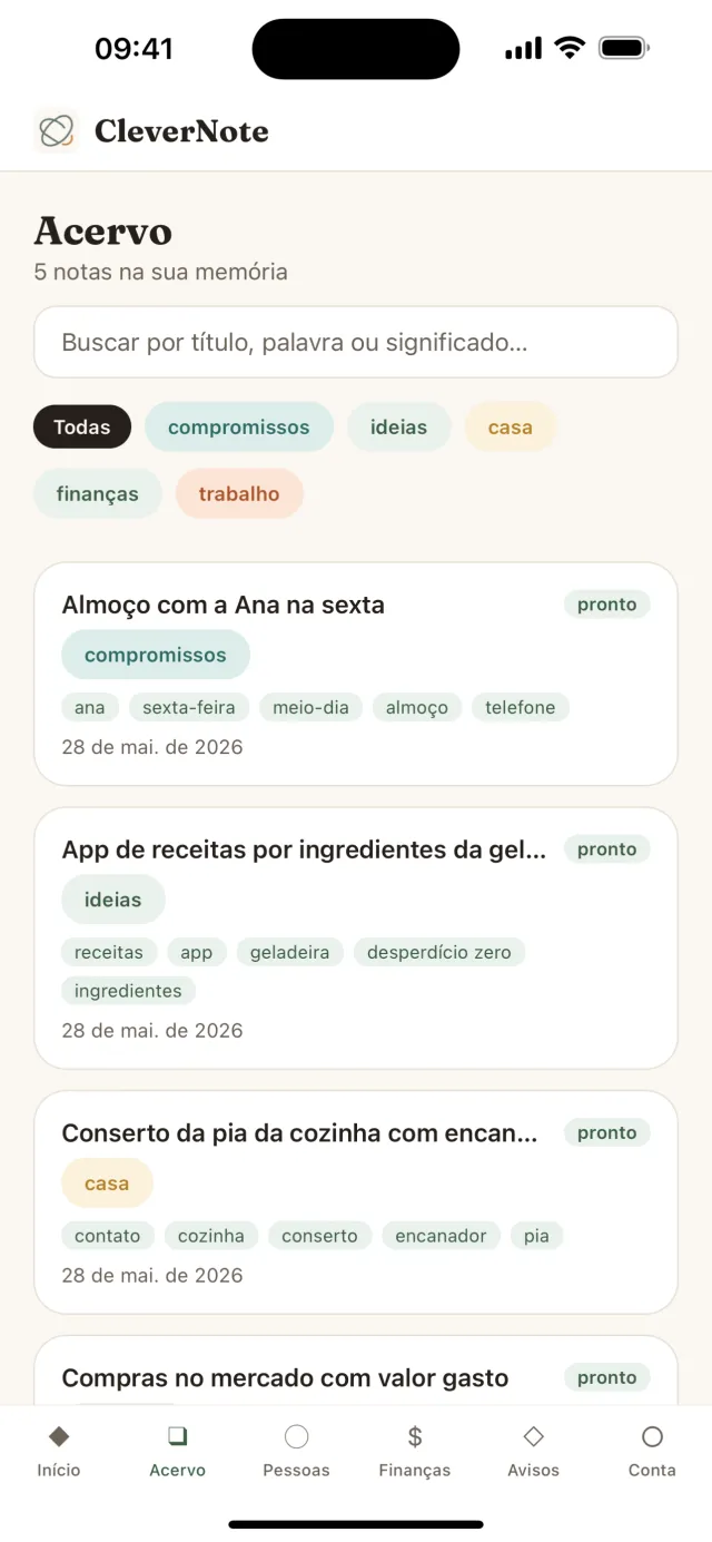 Tela Acervo: busca por significado e notas com tags