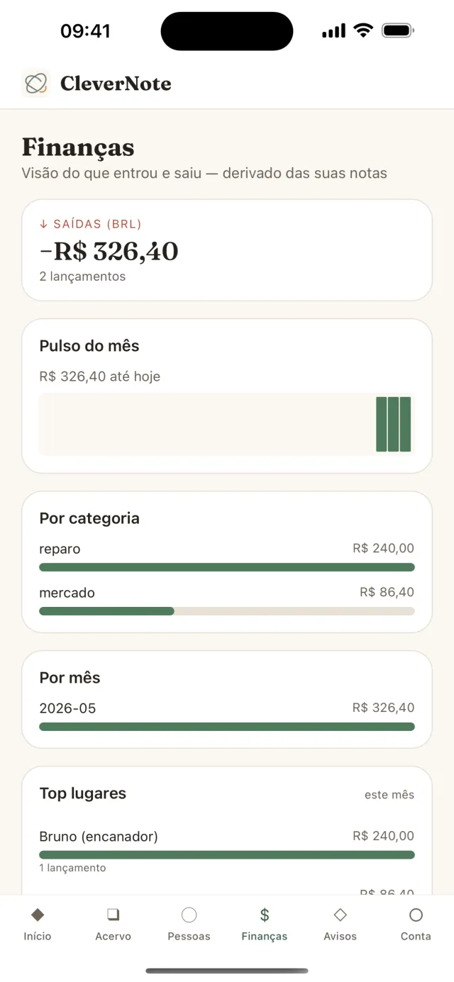 Tela Finanças: entradas e saídas derivadas das notas