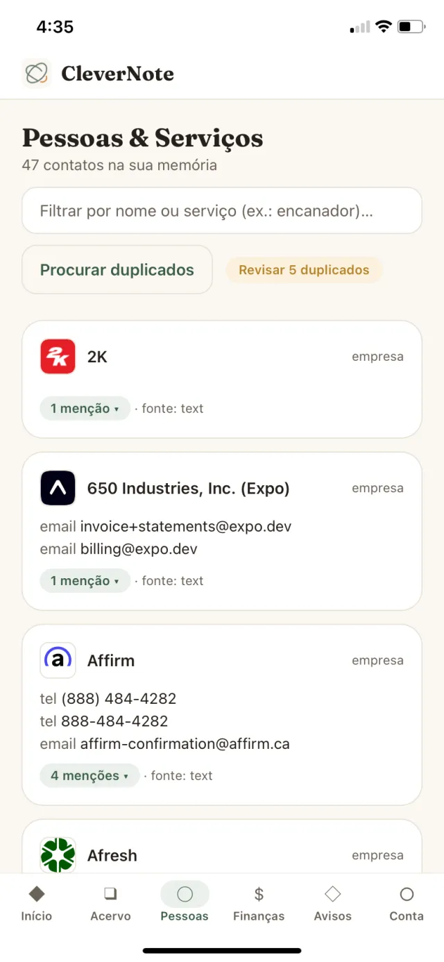 Tela Pessoas: contatos e prestadores extraídos das notas