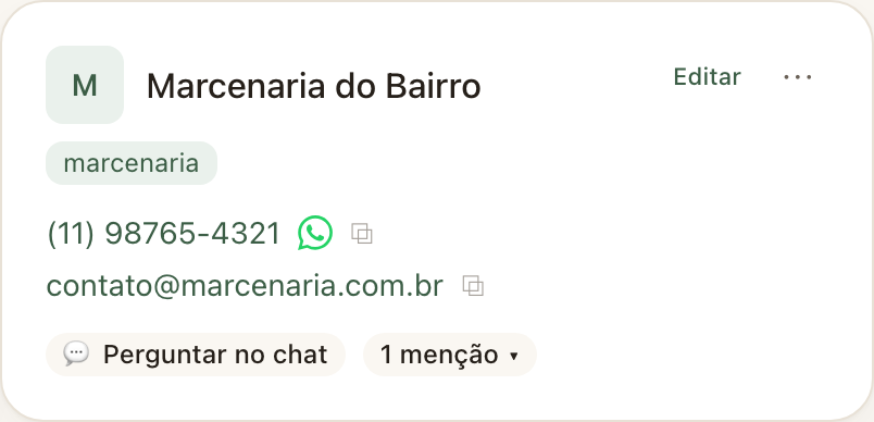 Cartão de um prestador no Pessoas & Serviços do CleverNote: nome, categoria do serviço, telefone com WhatsApp, email e o botão Perguntar no chat