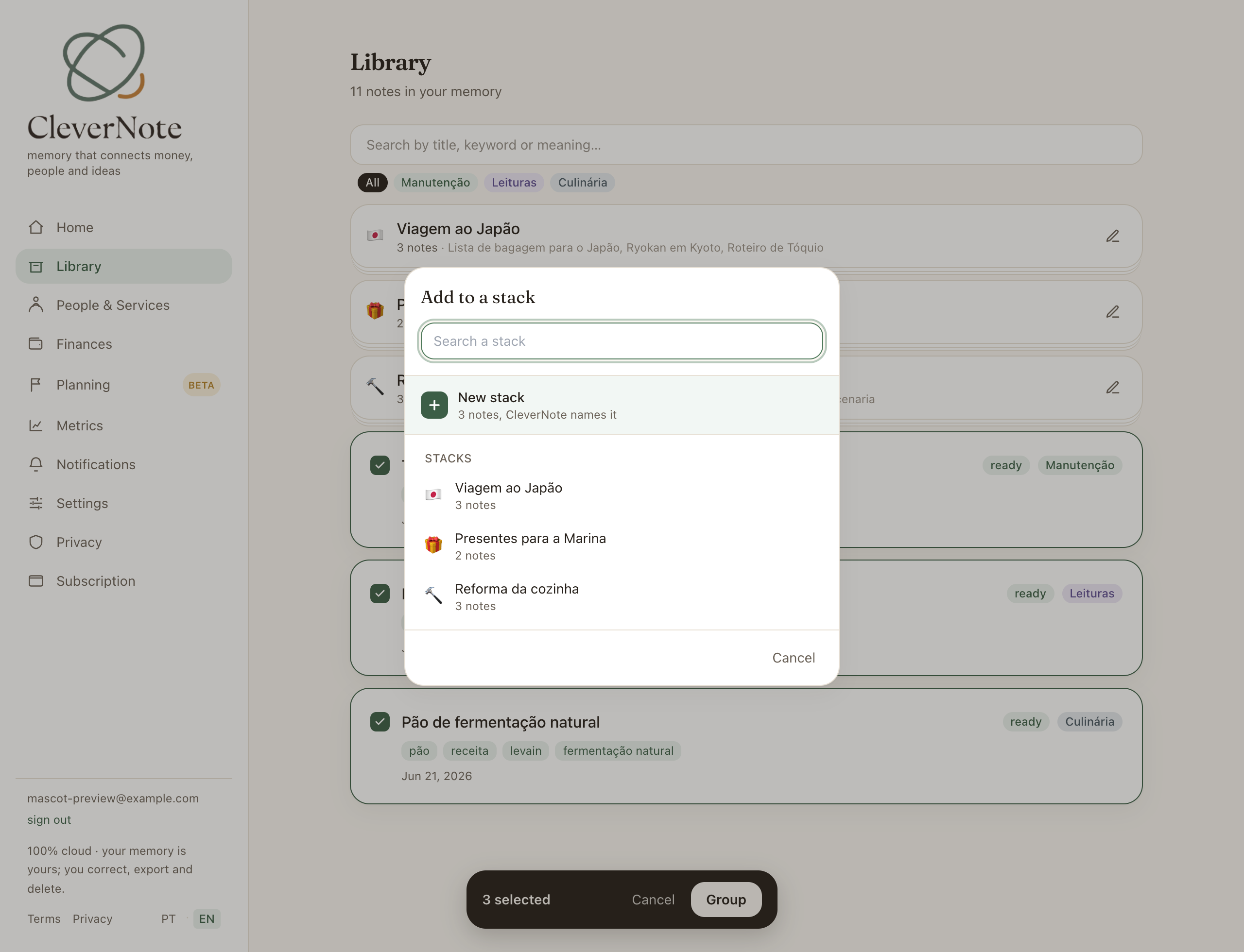 The Add to a stack dialog, with the New stack option (CleverNote names it) and the list of existing stacks