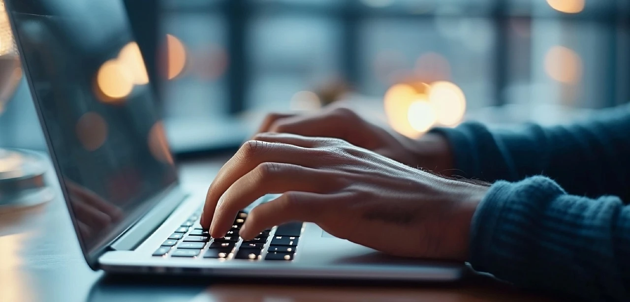 Mãos digitando no laptop, captura rápida de uma ideia