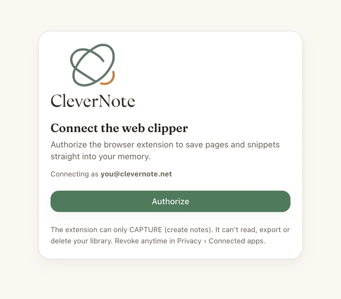 CleverNote web clipper connect screen: authorize the browser extension to save pages and snippets to your memory