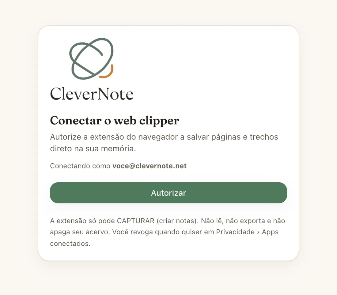 Tela de conexão do web clipper do CleverNote: autorize a extensão do navegador a salvar páginas e trechos na sua memória
