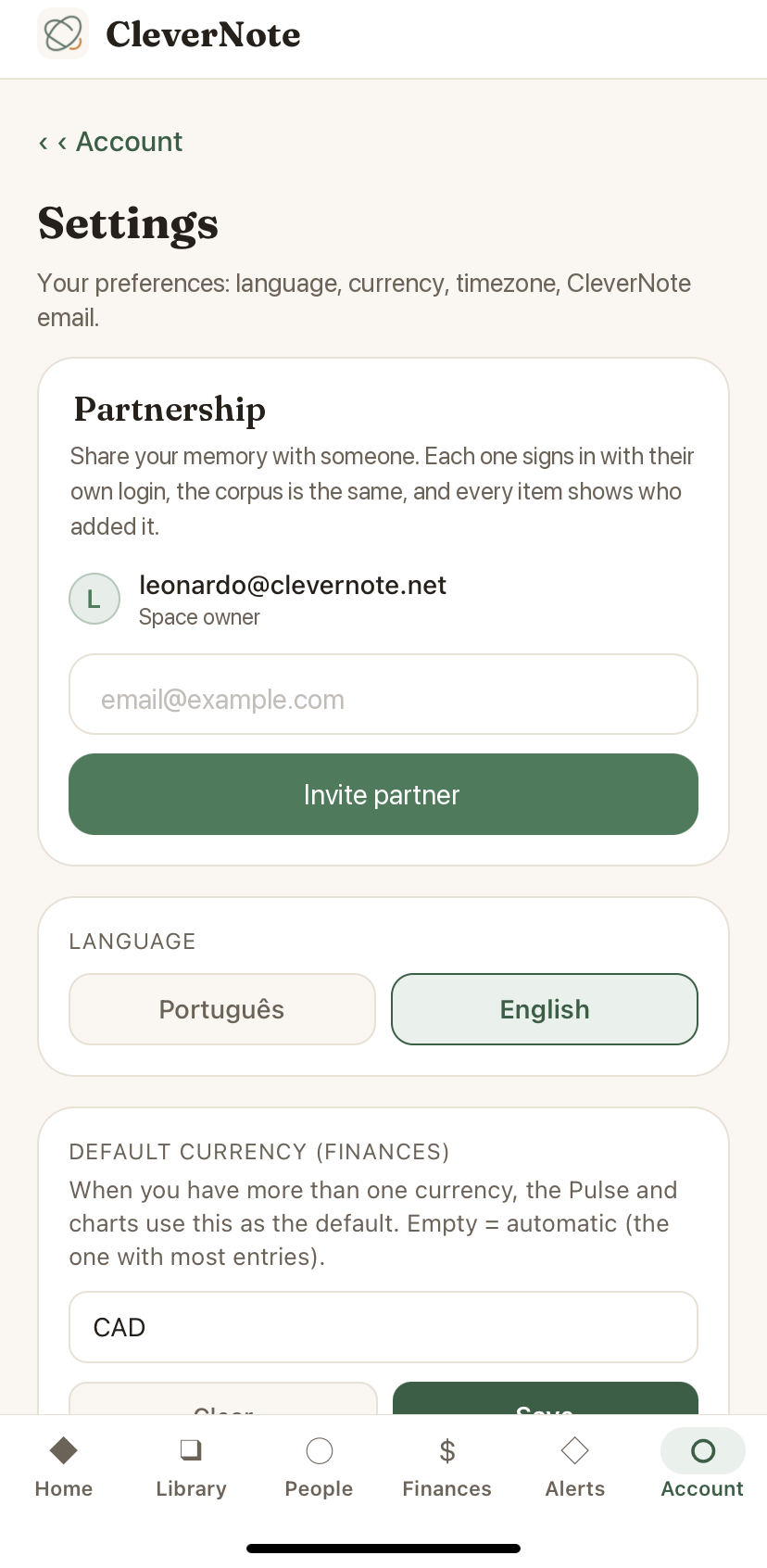 CleverNote partnership screen on iPhone: invite whoever shares life with you