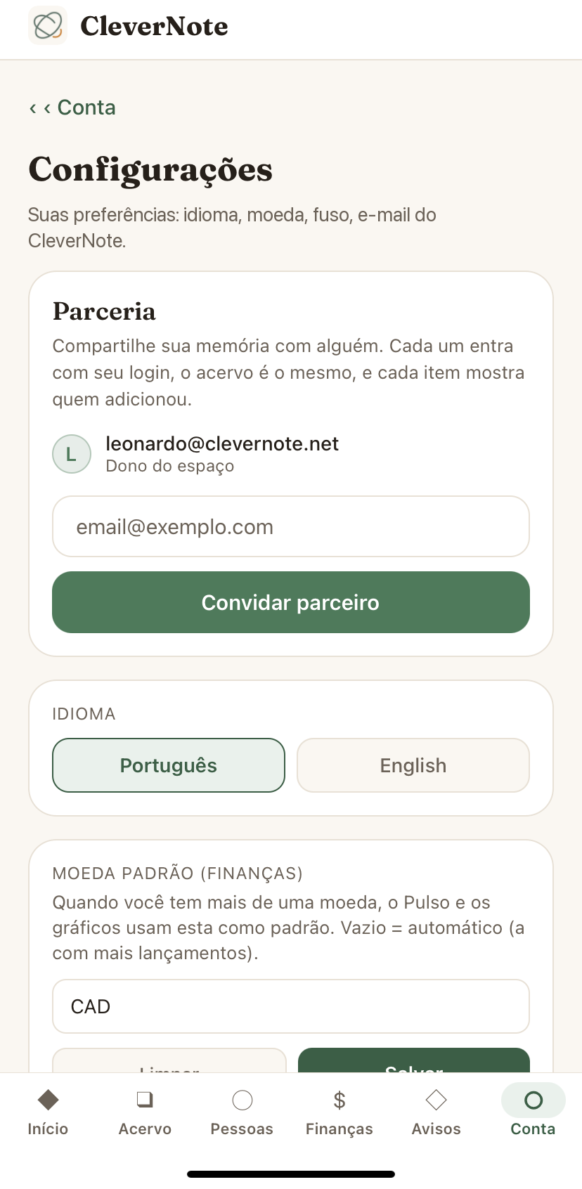 Tela de Parceria do CleverNote no iPhone: convide quem divide a vida com você